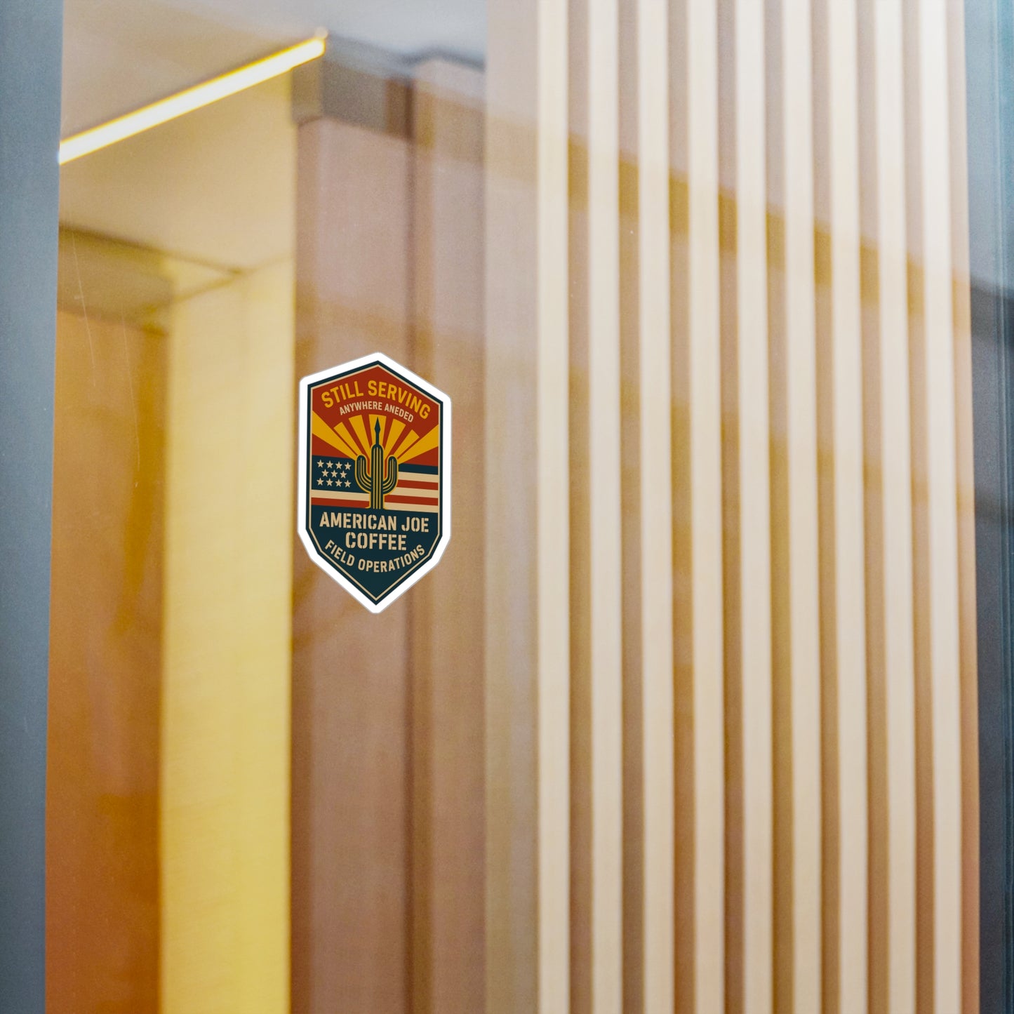 Field OPS Kiss-Cut Vinyl Decal – American Joe Coffee 'Still Serving' Desert Flag Badge